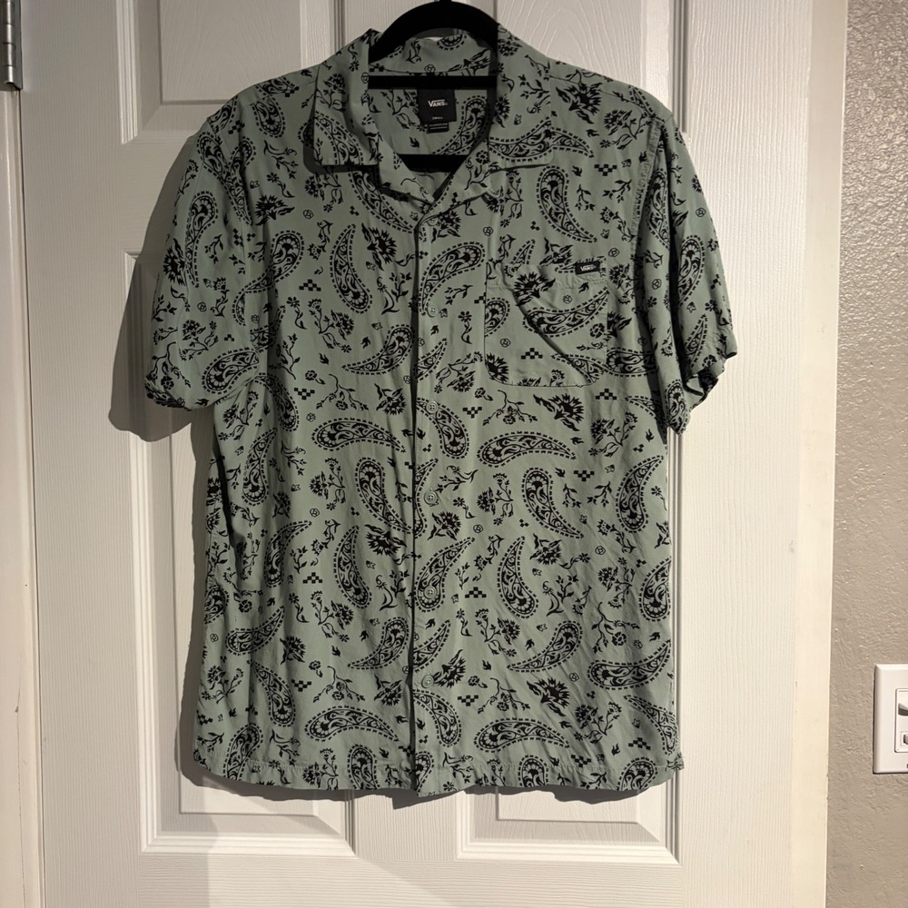 Vans Mens Small Sage Green Paisley Checkerboard Viscose Short Sleeve Button Down